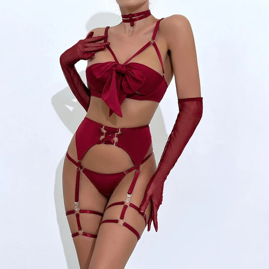 Black Bow Temptation Lingerie Set – 4-Piece Erotic Hollow-Out Bra, Panty, Belt & Sleepwear
